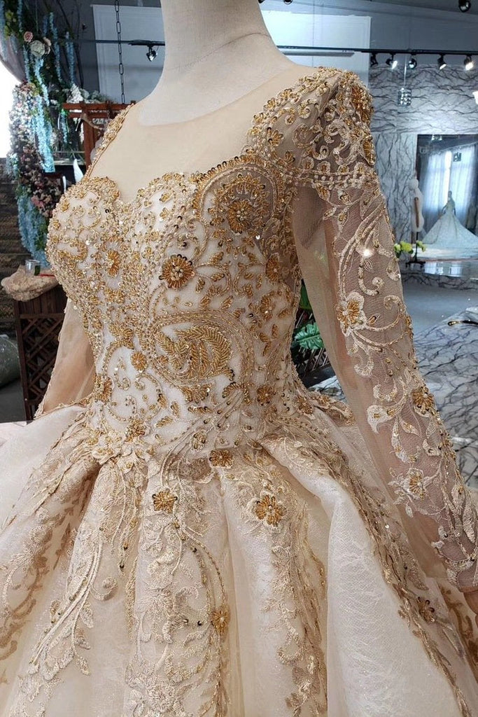 New Arrival Prom Dresses Long Sleeves Ball Gown Scoop With Applique Beads Lace Up Back INK16