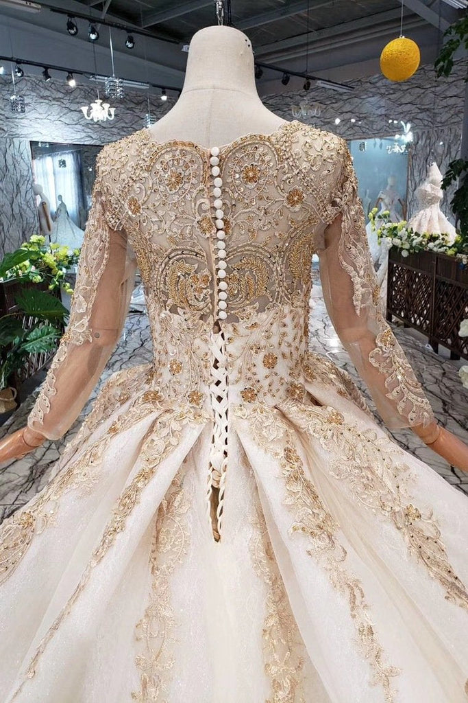 New Arrival Prom Dresses Long Sleeves Ball Gown Scoop With Applique Beads Lace Up Back INK16