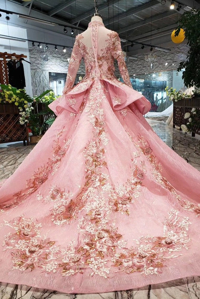 New Arrival Pink Prom Dresses Long Sleeves Ball Gown High Neck Quinceanera Dresses INK17
