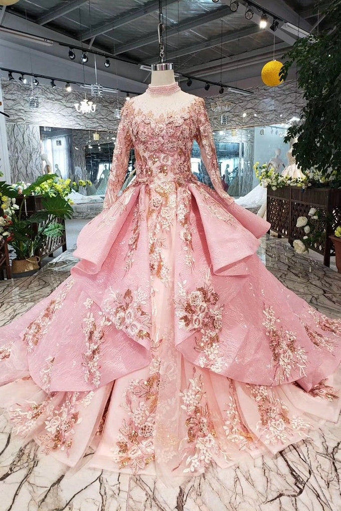 New Arrival Pink Prom Dresses Long Sleeves Ball Gown High Neck Quinceanera Dresses INK17