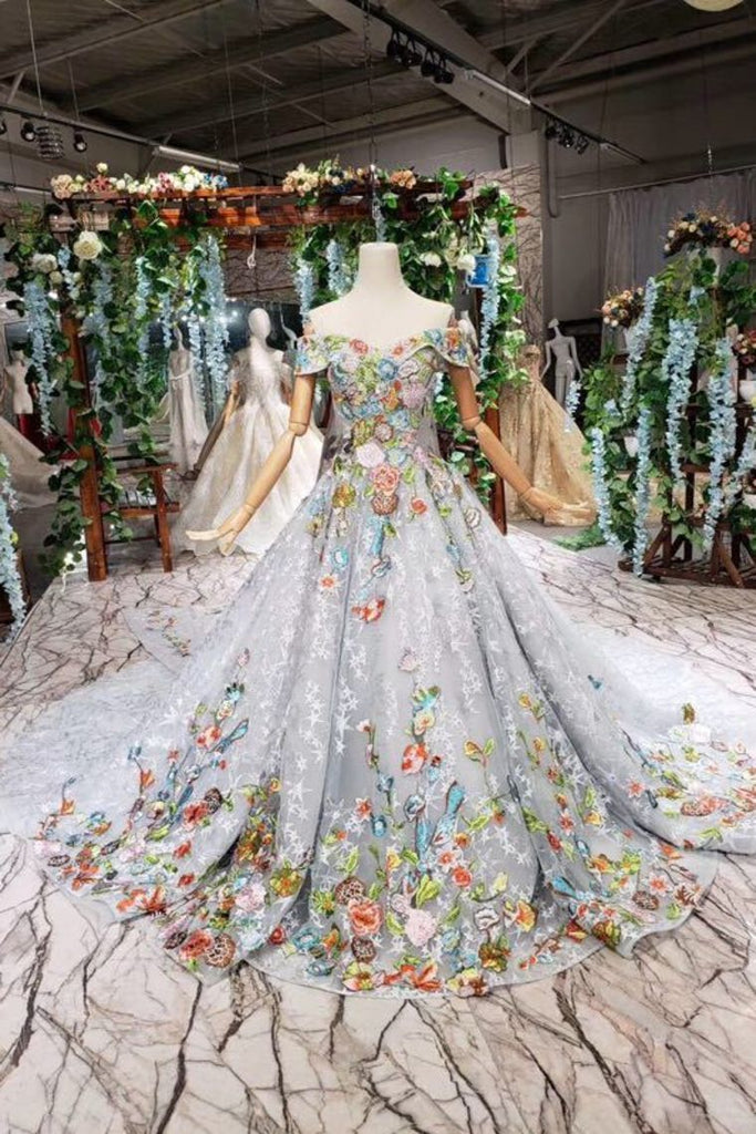 Princess Prom Dresses Off The Shoulder Lace Up Back Appliques Tulle INL18