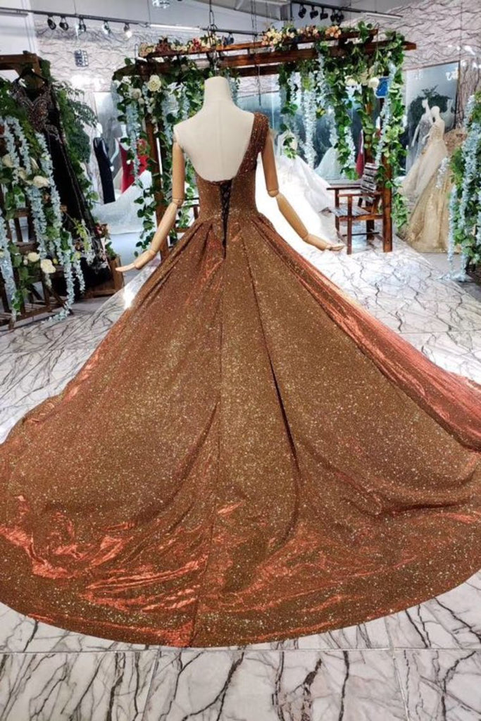Brown One Shoulder Lace Up Back Sequins Beads Prom Dresses INL19
