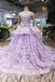 Lilac Short Sleeves Lace Up Back Appliques Tulle Princess Prom Dresses INL20
