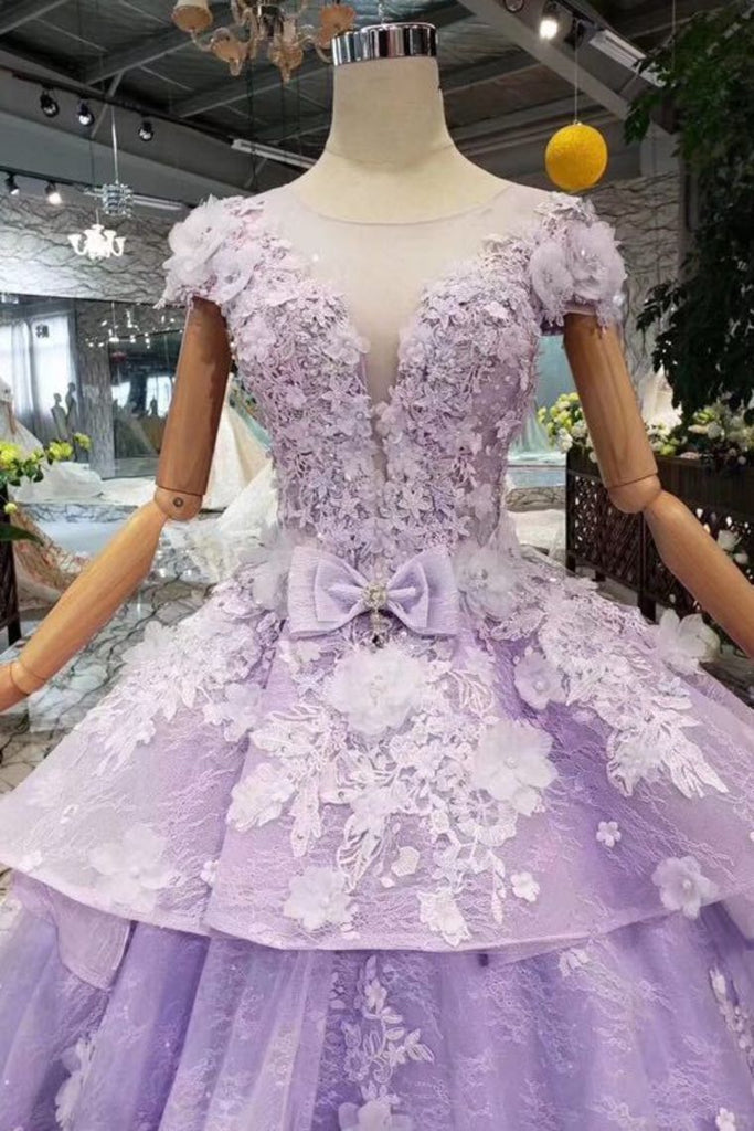 Lilac Short Sleeves Lace Up Back Appliques Tulle Princess Prom Dresses INL20