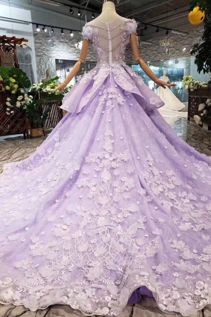 Lilac Short Sleeves Lace Up Back Appliques Tulle Princess Prom Dresses INL20