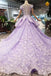 Lilac Short Sleeves Lace Up Back Appliques Tulle Princess Prom Dresses INL20