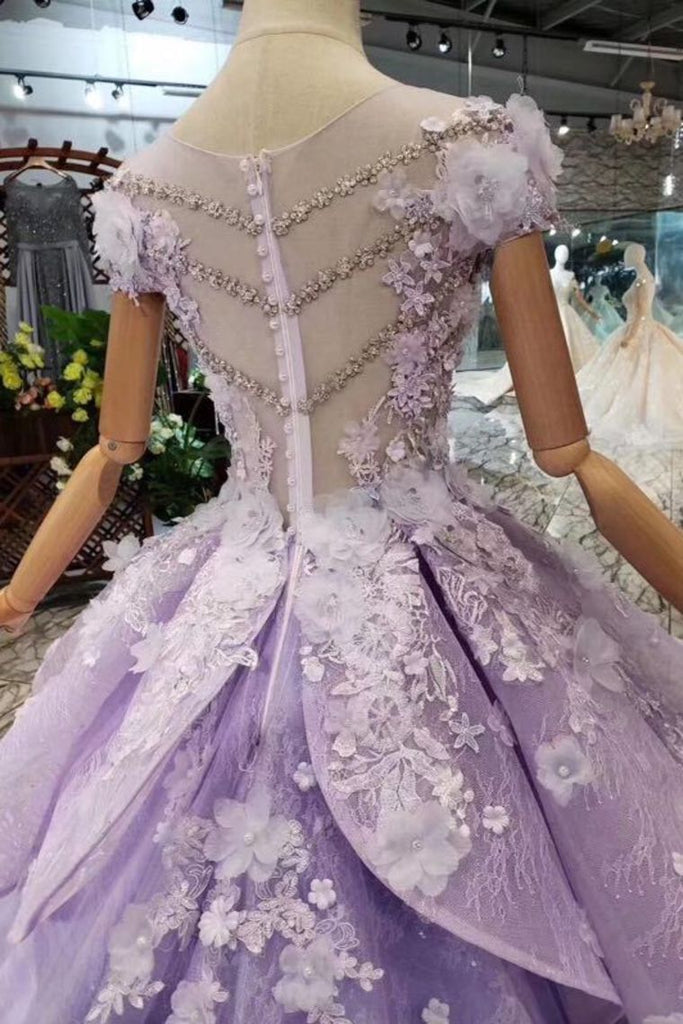 Lilac Short Sleeves Lace Up Back Appliques Tulle Princess Prom Dresses INL20