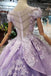 Lilac Short Sleeves Lace Up Back Appliques Tulle Princess Prom Dresses INL20