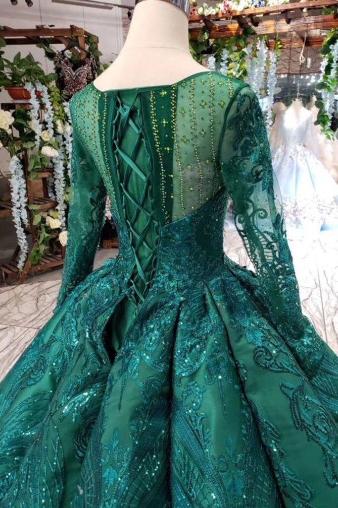 Scoop Long Sleeves Lace Up Back Green Prom Dresses INL21
