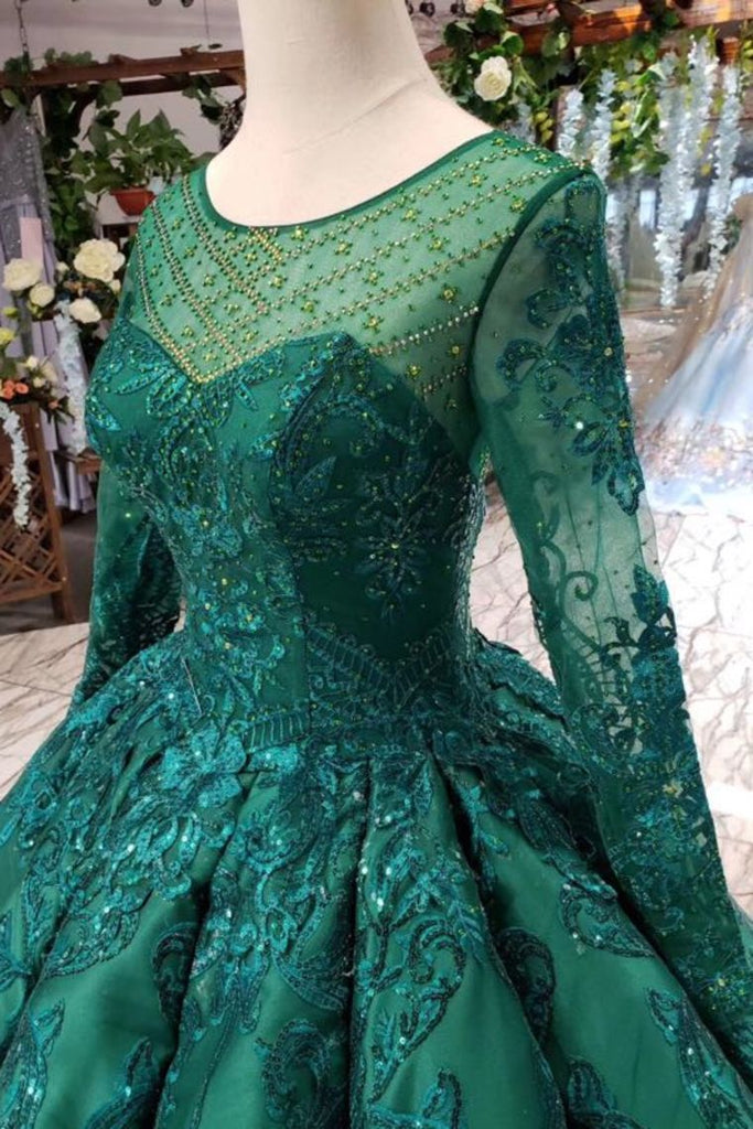 Scoop Long Sleeves Lace Up Back Green Prom Dresses INL21