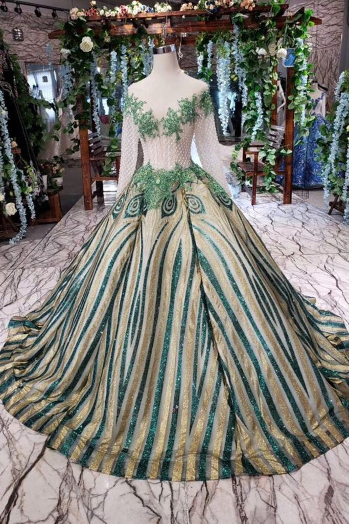 Elegant Scoop Long Sleeves Lace Up Back Sweep Train Prom Dresses INL22