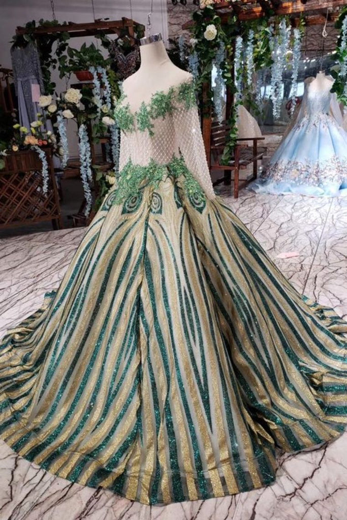 Elegant Scoop Long Sleeves Lace Up Back Sweep Train Prom Dresses INL22