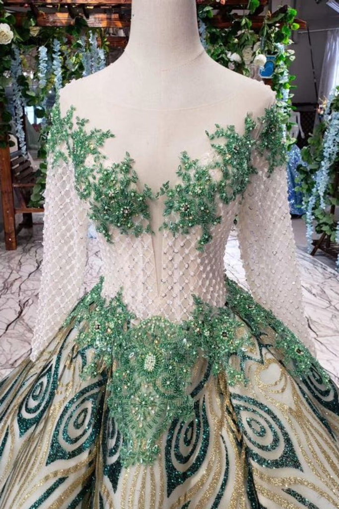 Elegant Scoop Long Sleeves Lace Up Back Sweep Train Prom Dresses INL22