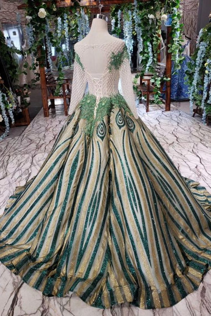 Elegant Scoop Long Sleeves Lace Up Back Sweep Train Prom Dresses INL22