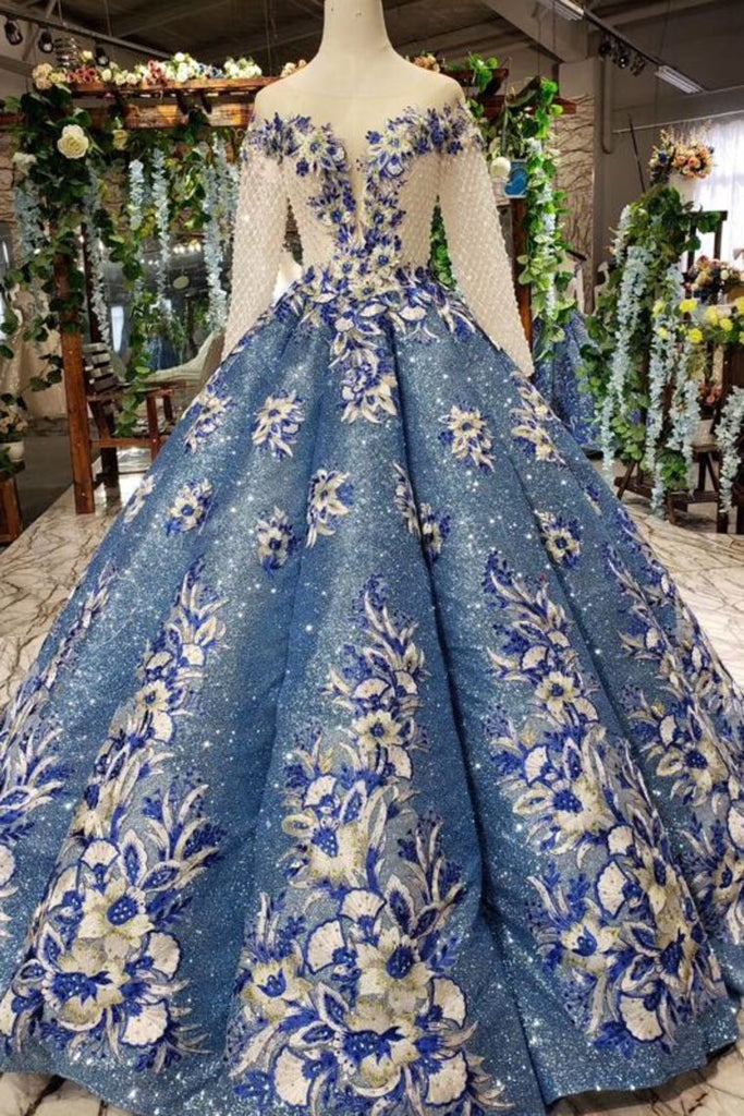 Scoop Long Sleeves Lace Up Back Blue Appliques Prom Dresses INL23