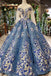 Scoop Long Sleeves Lace Up Back Blue Appliques Prom Dresses INL23