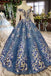 Scoop Long Sleeves Lace Up Back Blue Appliques Prom Dresses INL23