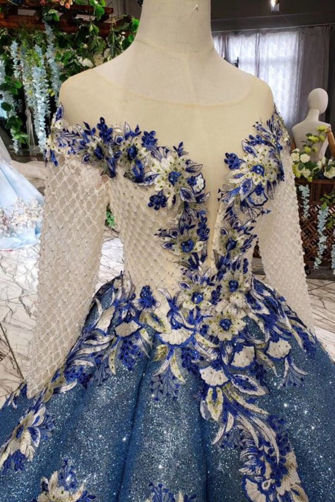 Scoop Long Sleeves Lace Up Back Blue Appliques Prom Dresses INL23