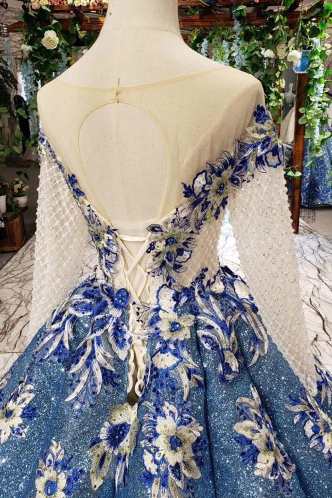 Scoop Long Sleeves Lace Up Back Blue Appliques Prom Dresses INL23