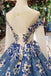 Scoop Long Sleeves Lace Up Back Blue Appliques Prom Dresses INL23
