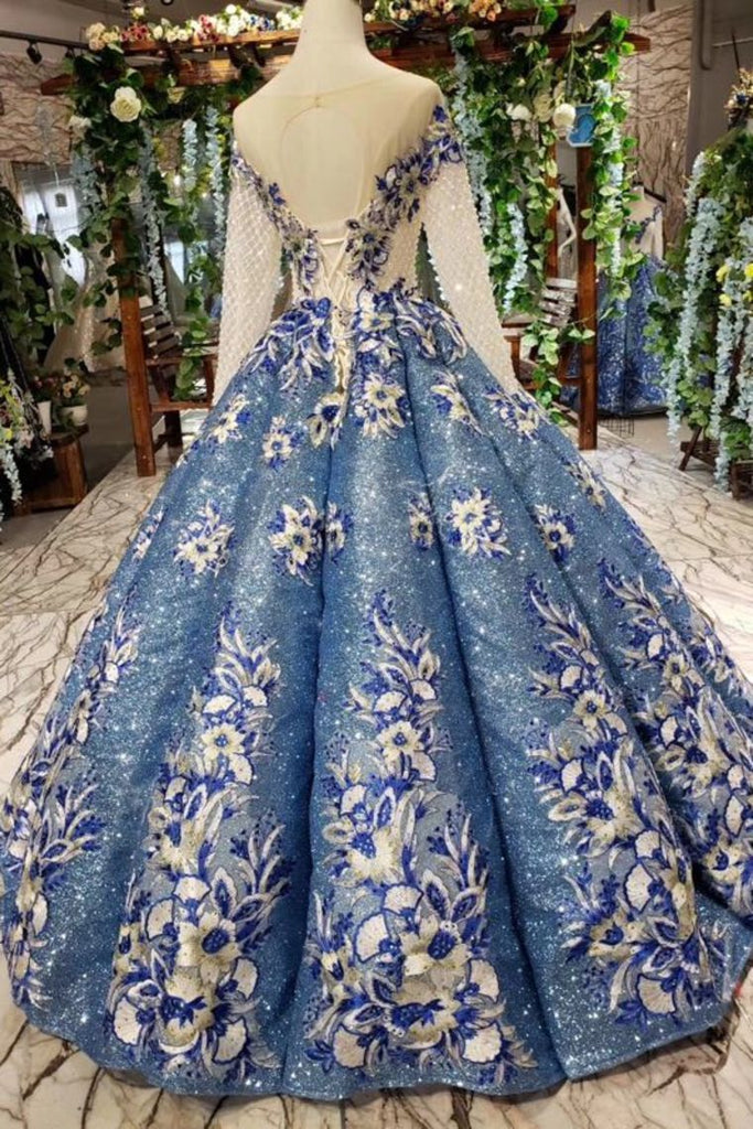 Scoop Long Sleeves Lace Up Back Blue Appliques Prom Dresses INL23
