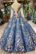 Scoop Long Sleeves Lace Up Back Blue Appliques Prom Dresses INL23