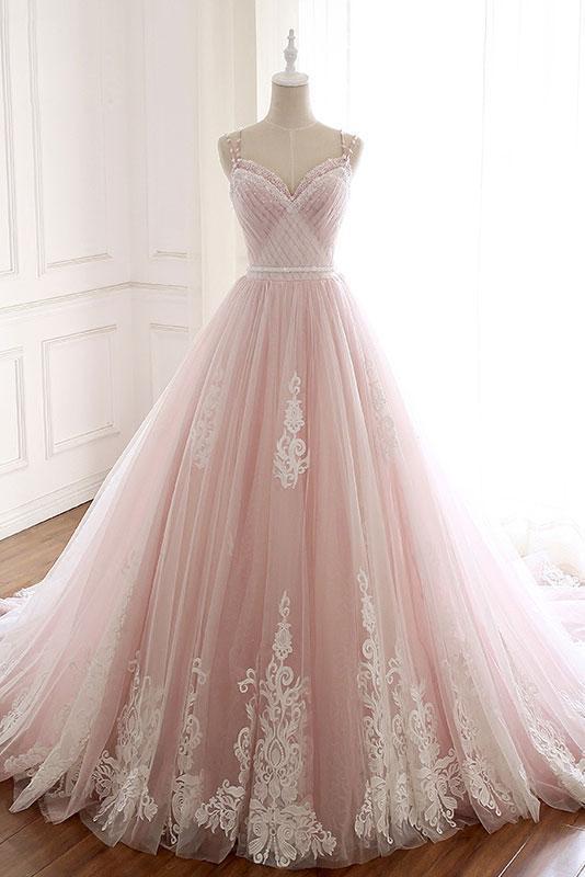 Pink Tulle Prom Dress with Lace Appliques, A Line Formal Evening Party Dresses INJ50