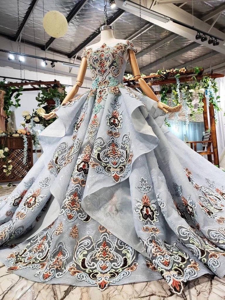 Ball Gown Light Blue Cap Sleeve Long Prom Dresses, Beaded Lace up Quinceanera Dresses INN75