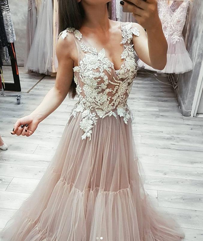 V Neck Tulle Lace Appliques Long Prom Dress, Cheap Tulle Evening Dresses ING21