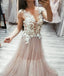 V Neck Tulle Lace Appliques Long Prom Dress, Cheap Tulle Evening Dresses ING21
