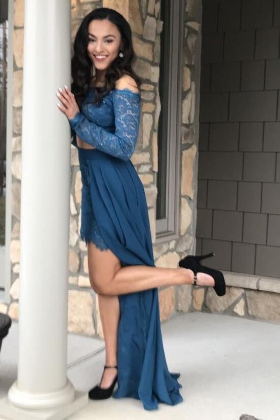Sexy Dark Teal Two Piece Off the Shoulder Long Sleeves Lace Chiffon Prom Dress INA45