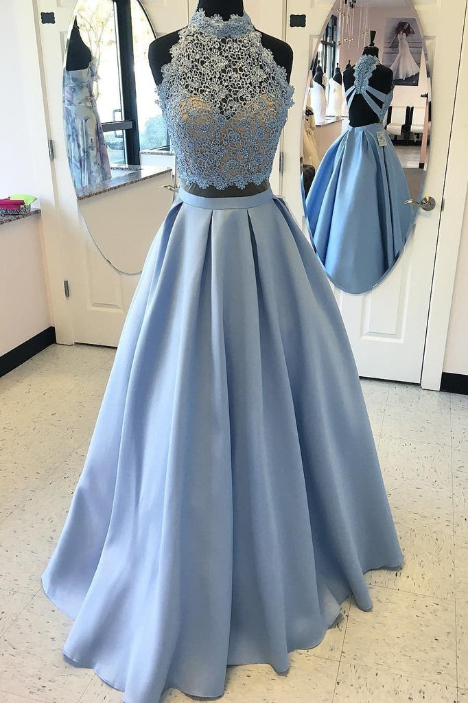 2 Piece Satin High Neck Prom Gown,Floor Length Prom Dress With Lace Top INC76
