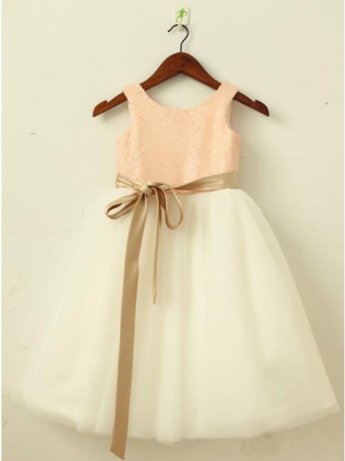A-Line Round Neck White Flower Girl Dress with Lace Sequins Sash INP22