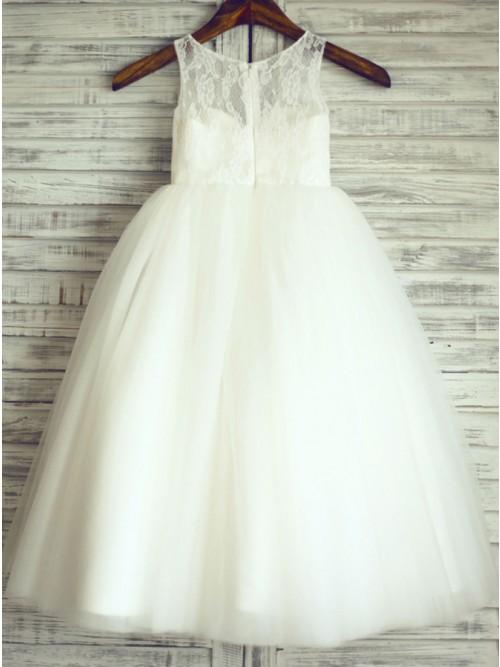 A-Line Round Neck White Tulle Flower Girl Dress with Lace INP25