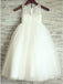 A-Line Round Neck White Tulle Flower Girl Dress with Lace INP25