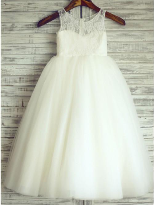 A-Line Round Neck White Tulle Flower Girl Dress with Lace INP25