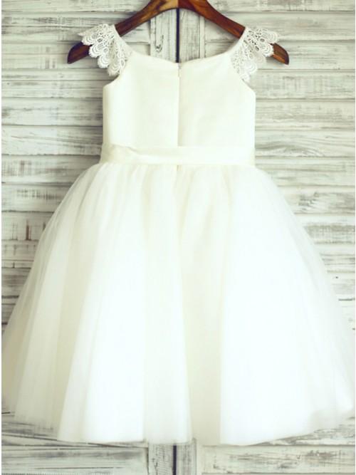 A-Line Round Neck White Flower Girl Dress with Sash Lace INP26