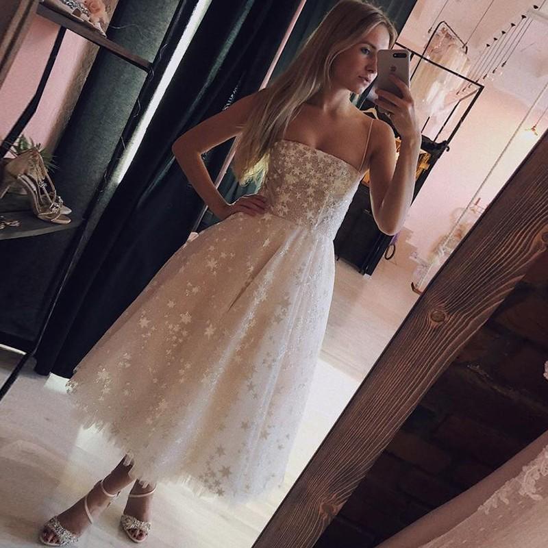 A Line Spaghetti Straps Tea Length Pearl Pink Prom Wedding Dress With Stars INK73
