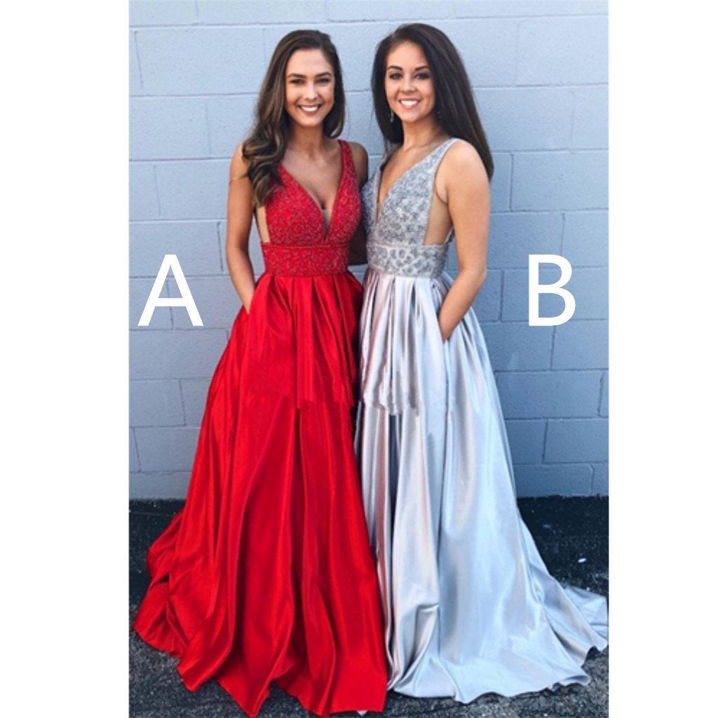 Cheap A-line Deep V Neck Beading Backless Long Prom Dress With Pockets ING42