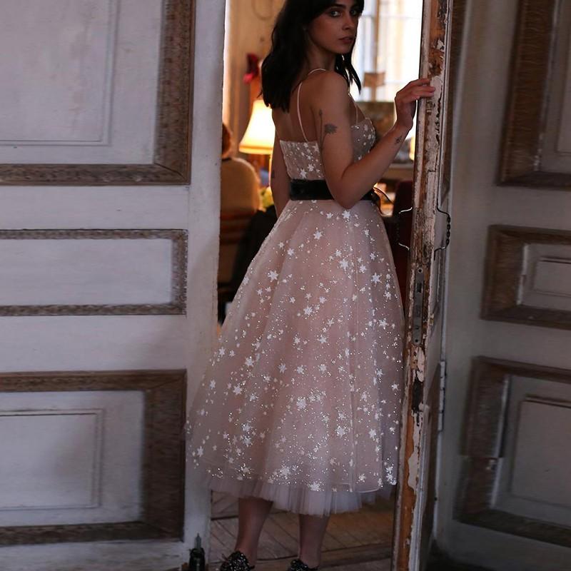 A Line Spaghetti Straps Tea Length Pearl Pink Prom Wedding Dress With Stars INK73