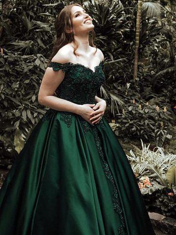 Off Shoulder Dark Green A-line Long Evening Prom Dresses, Cheap Sweet 16 Dresses ING41