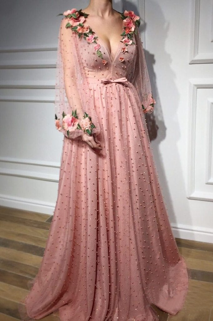 3D Flowers Long Sleeve Pink Prom Dresses Pearl Beaded V Neck Formal Dress INI42