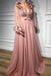 3D Flowers Long Sleeve Pink Prom Dresses Pearl Beaded V Neck Formal Dress INI42