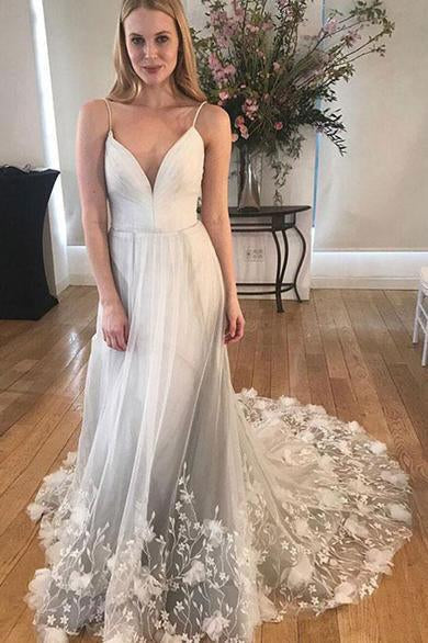 Unique Spaghetti Strap Long Cheap Tulle Prom Dresses With Lace Applique INO53