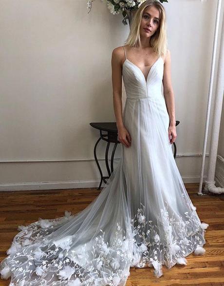 Unique Spaghetti Strap Long Cheap Tulle Prom Dresses With Lace Applique INO53
