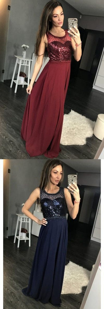 Charming Burgundy Sequins A Line Sleeveless Chiffon Long Prom Dress IN861