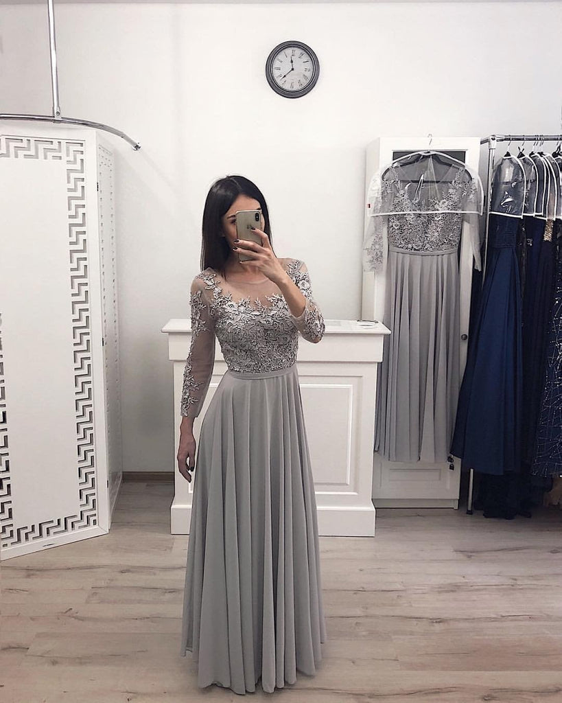 A Line Gray Chiffon Long Sleeves Prom Dresses, Cheap Appliques Evening Gown INI12