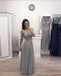 A Line Gray Chiffon Long Sleeves Prom Dresses, Cheap Appliques Evening Gown INI12