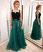 A Line Green and Black Tulle Prom Dresses, Charming Appliques Formal Dress INI13