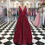 Charming Burgundy V Neck Sleeveless Sequin Prom Dresses A Line Formal Party Dress INI56